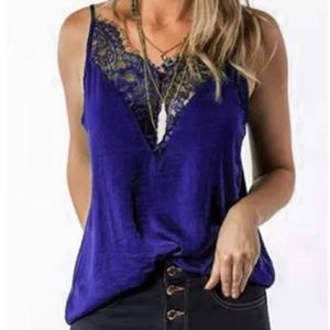 LAST 1 Blue Low-cut lace boho chic Cami